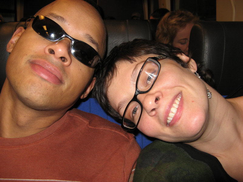 2008 01 04 J and Sara on the Train.  Once again, look how relaxed we are, except for our nostrils, that is.